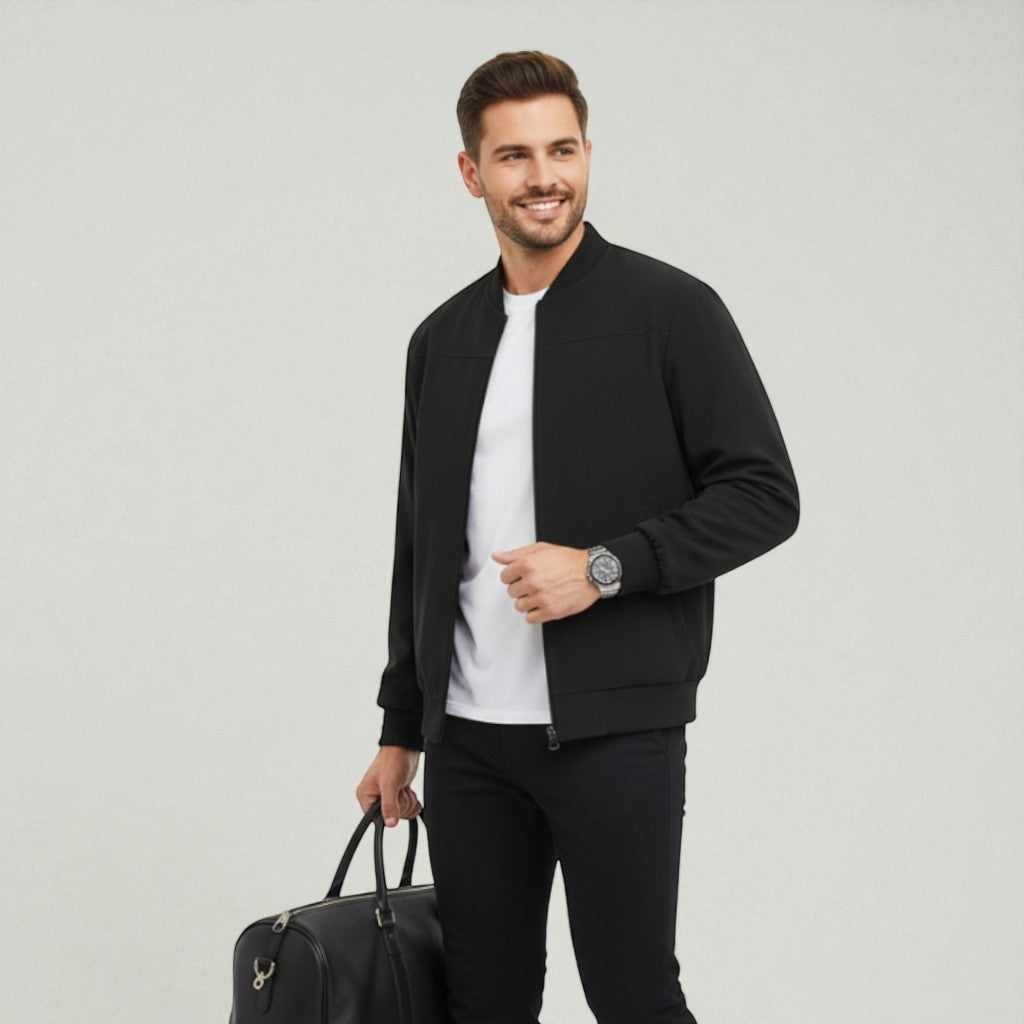 Men's bomber jacket with a minimal tech design, featuring a collarless style and regular fit. 1
