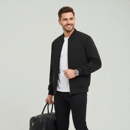Men's bomber jacket with a minimal tech design, featuring a collarless style and regular fit. 1
