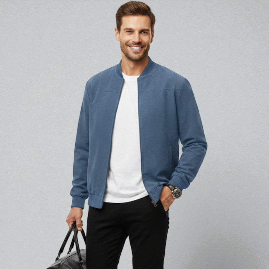 Men's bomber jacket with a minimal tech design, featuring a collarless style and regular fit. 2
