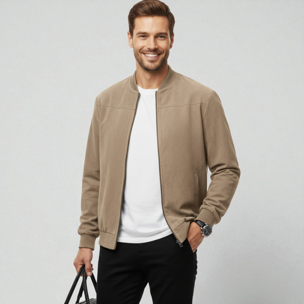 Men's bomber jacket with a minimal tech design, featuring a collarless style and regular fit. 3