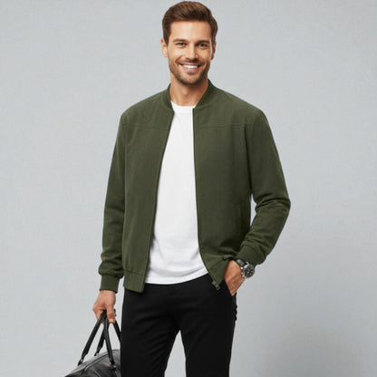 Men's bomber jacket with a minimal tech design, featuring a collarless style and regular fit. 4
