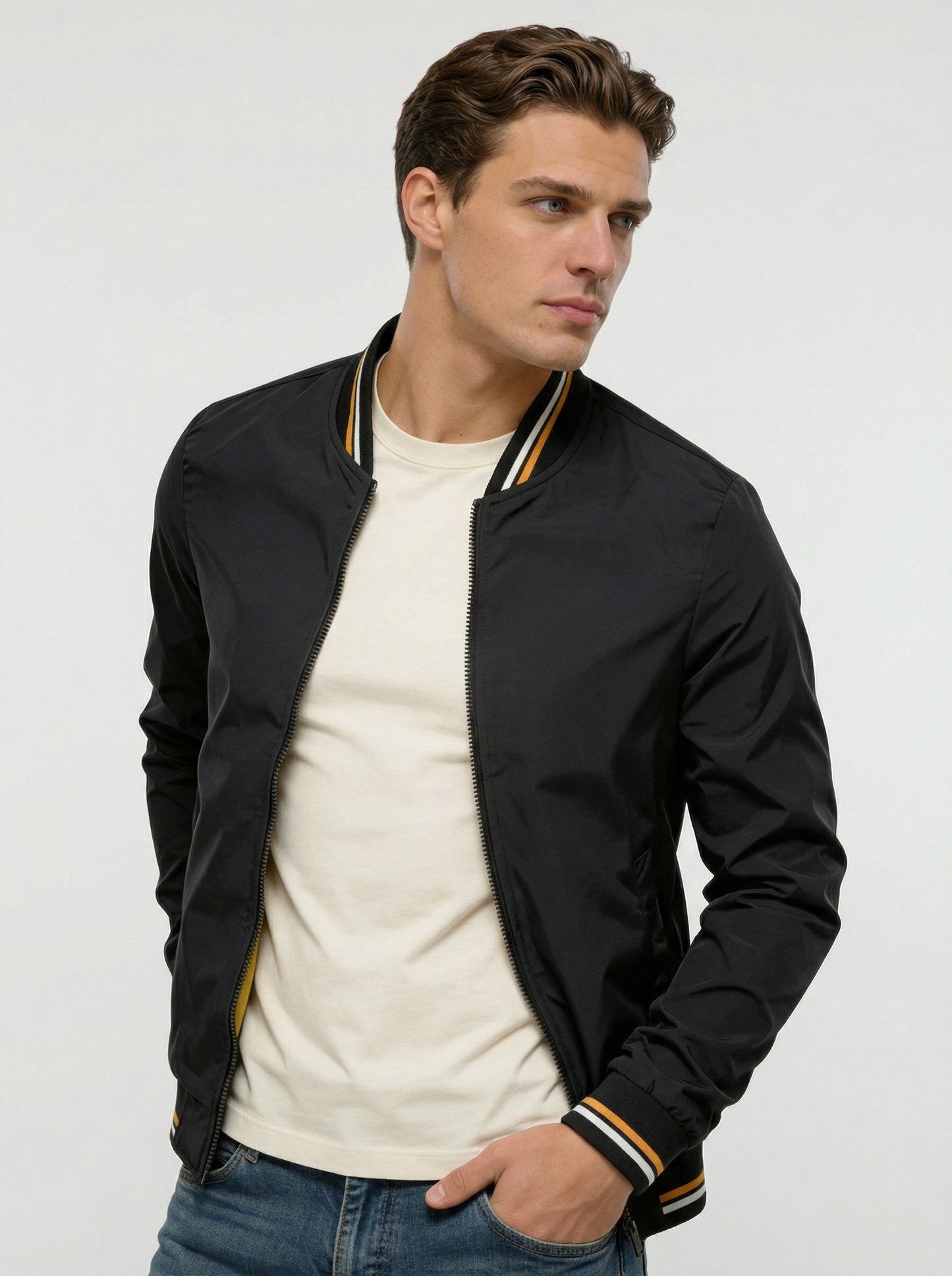 Men's bomber jacket featuring a zip closure and a classic collar. 2