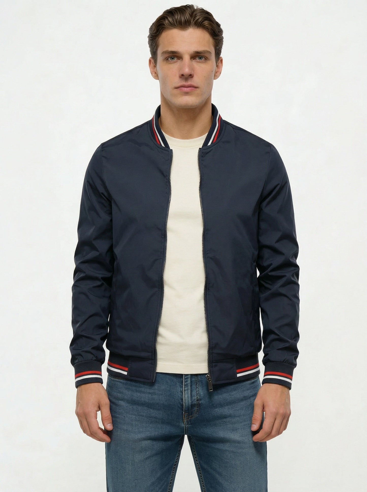 Men's bomber jacket featuring a zip closure and a classic collar. 3