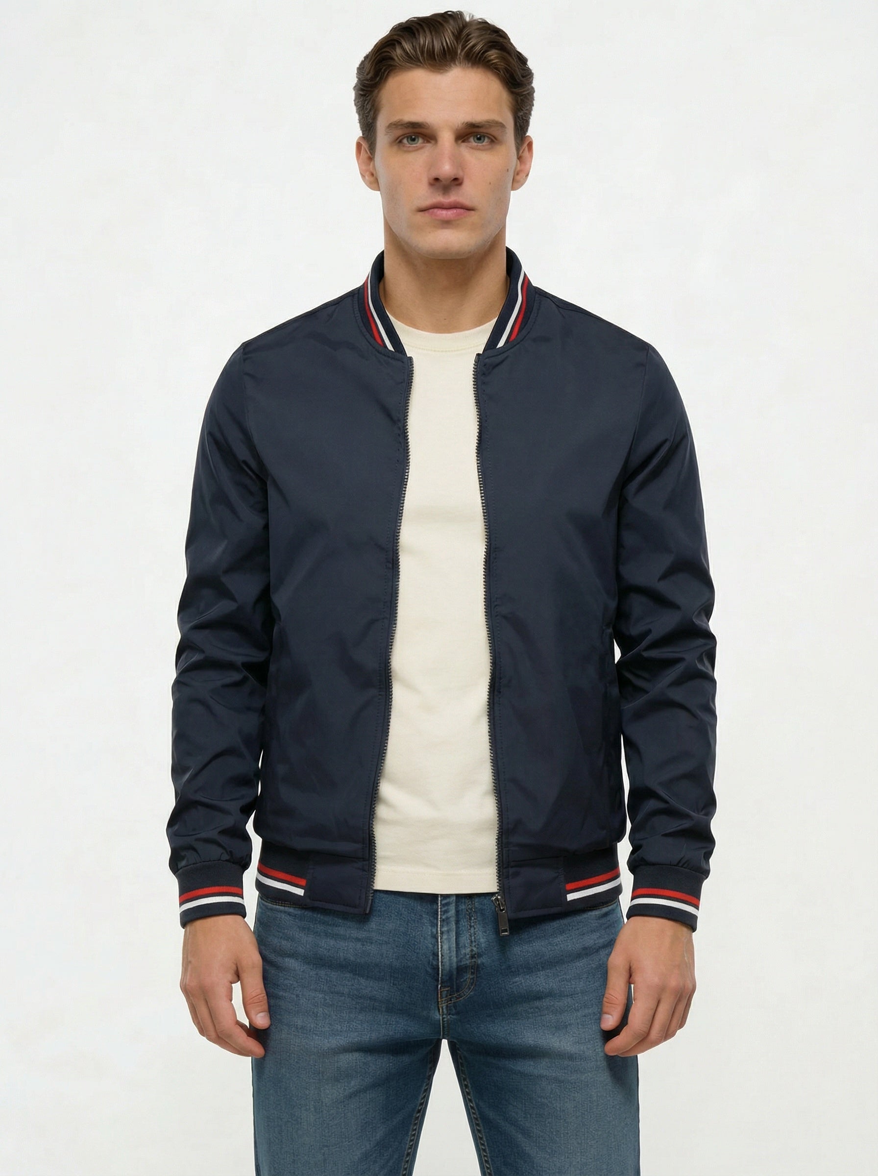 Men's bomber jacket featuring a zip closure and a classic collar. 3