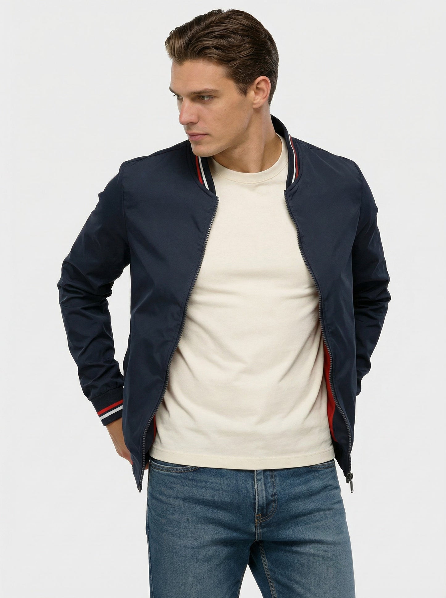 Men's bomber jacket featuring a zip closure and a classic collar. 4