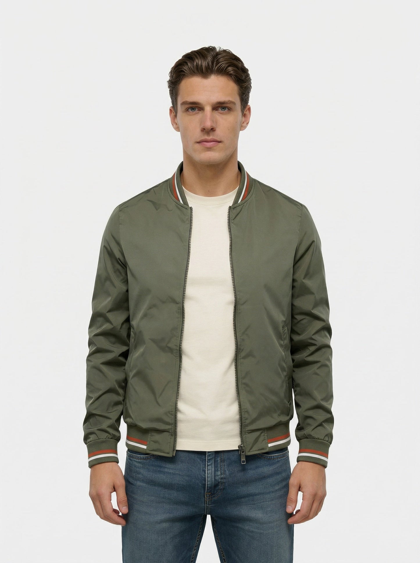 Men's bomber jacket featuring a zip closure and a classic collar. 6