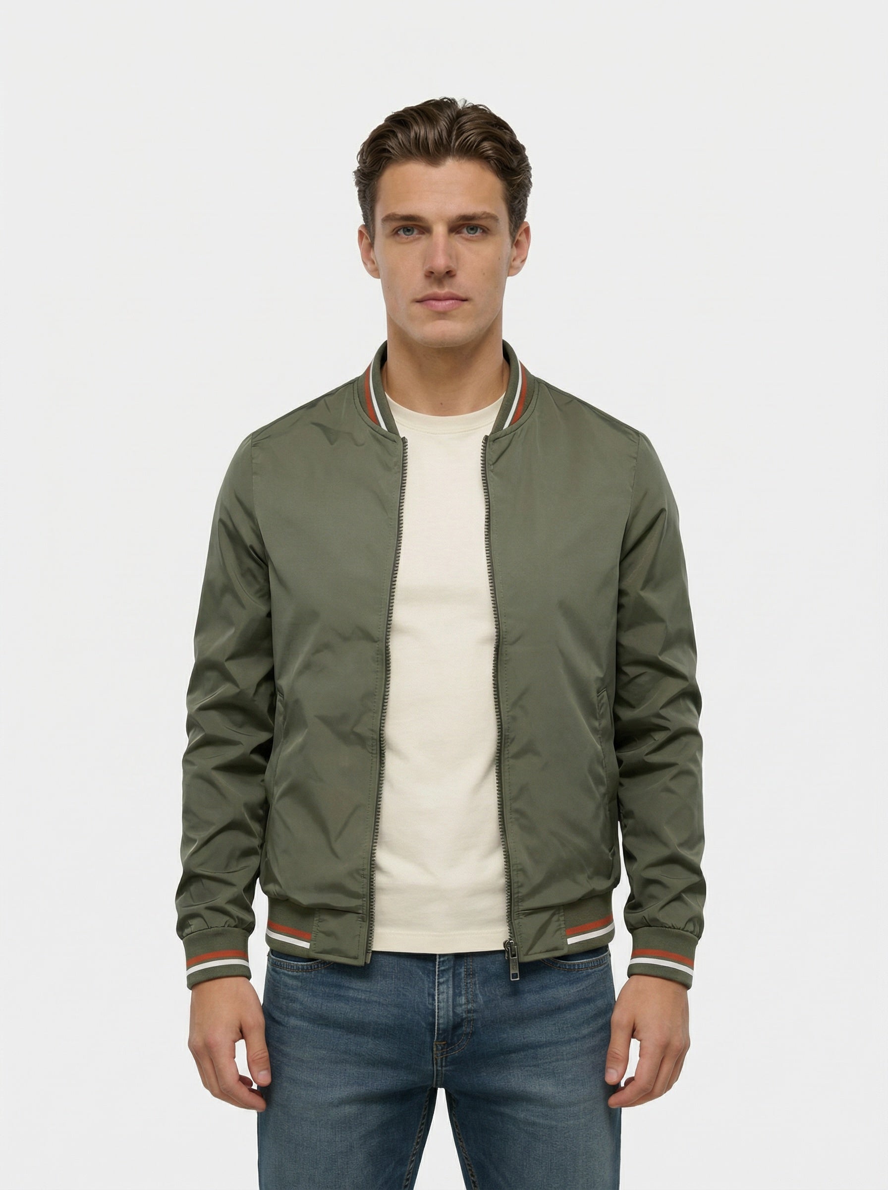 Men's bomber jacket featuring a zip closure and a classic collar. 6