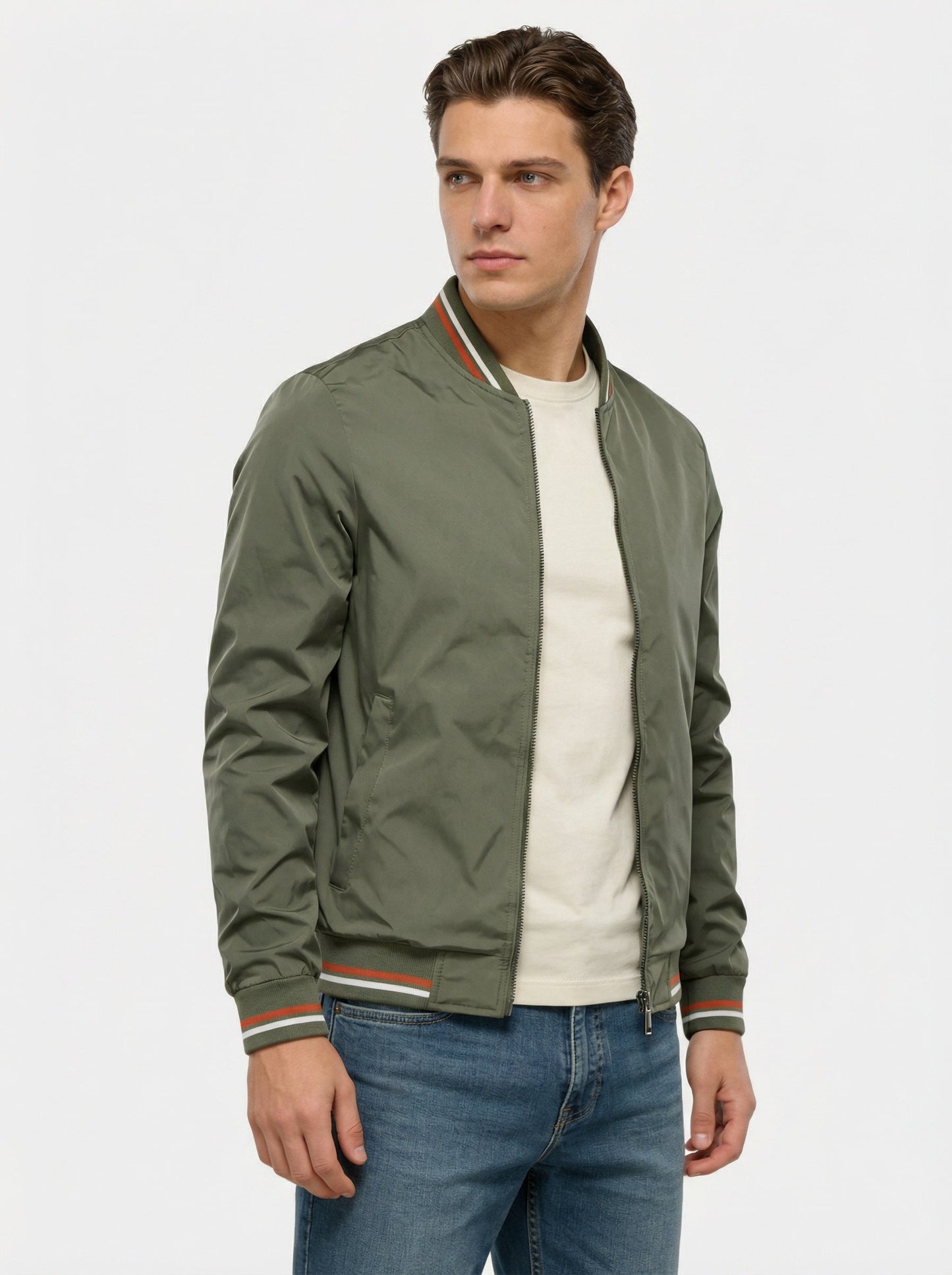 Men's bomber jacket featuring a zip closure and a classic collar. 8