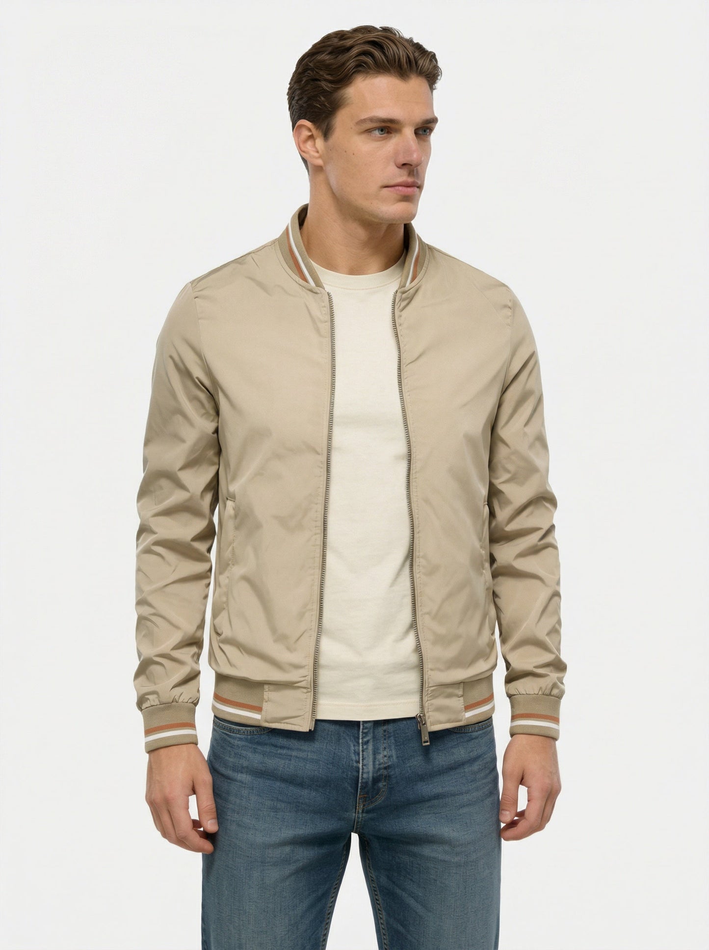 Men's bomber jacket featuring a zip closure and a classic collar. 9