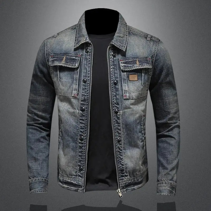Men's denim jacket with pockets in a vintage style. 0