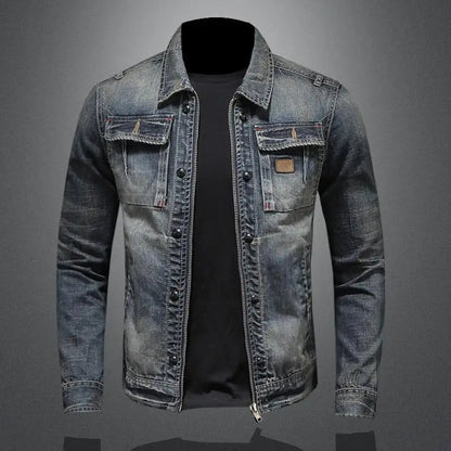 Men's denim jacket with pockets in a vintage style. 0