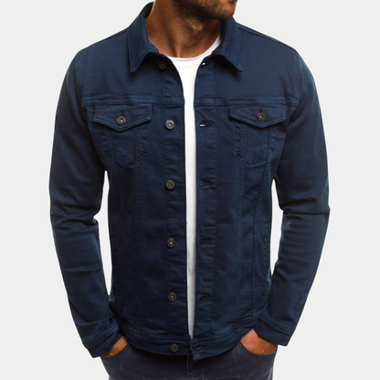 Men's denim jacket featuring a fitted cut and classic collar design. 0