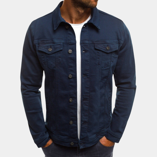 Men's denim jacket featuring a fitted cut and classic collar design. 0
