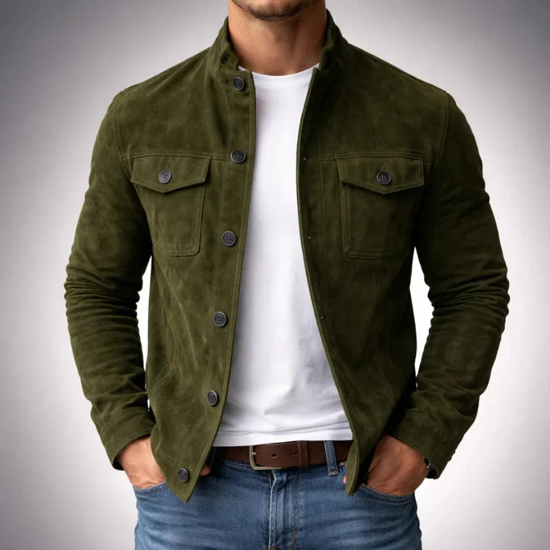 Men's suede jacket featuring military accents and two pockets. 0