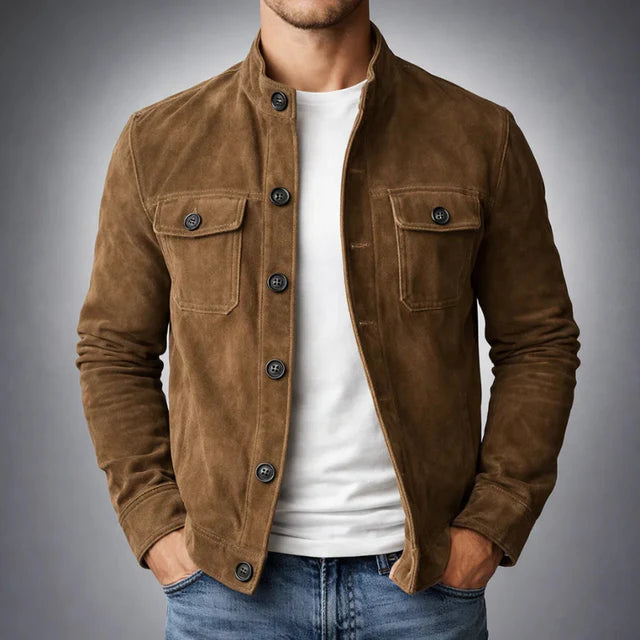 Men's suede jacket featuring military accents and two pockets. 1