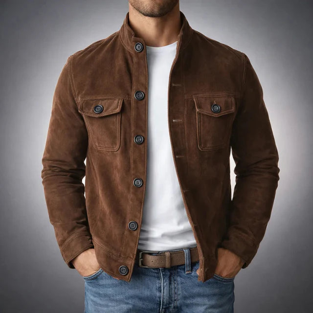 Men's suede jacket featuring military accents and two pockets. 2