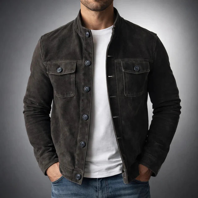 Men's suede jacket featuring military accents and two pockets. 3