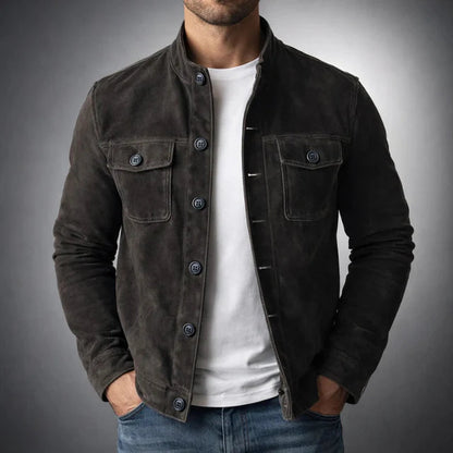 Men's suede jacket featuring military accents and two pockets. 3
