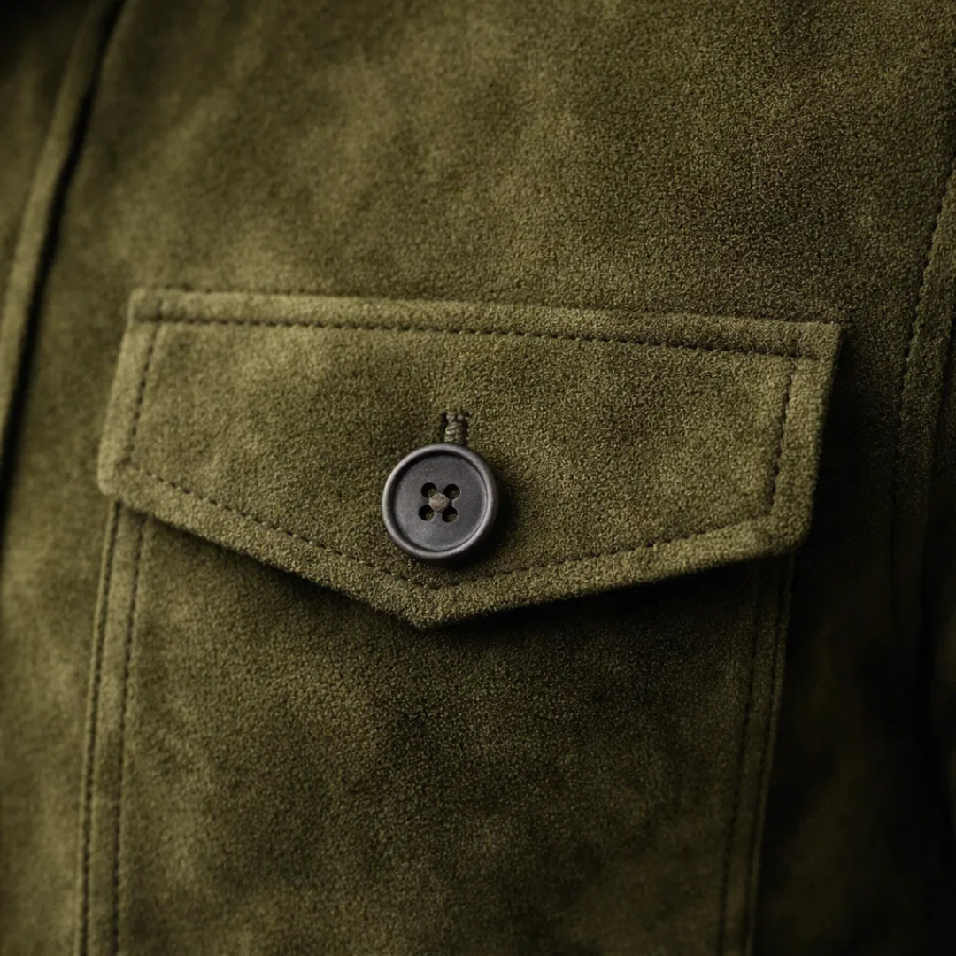 Men's suede jacket featuring military accents and two pockets. 4