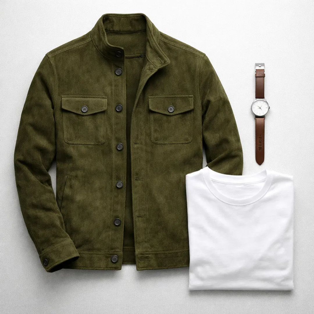 Men's suede jacket featuring military accents and two pockets. 5