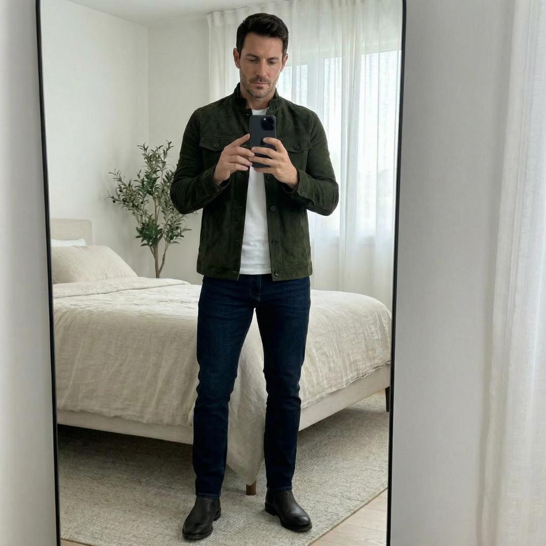 Men's suede jacket featuring military accents and two pockets. 6