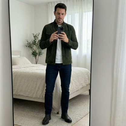 Men's suede jacket featuring military accents and two pockets. 6