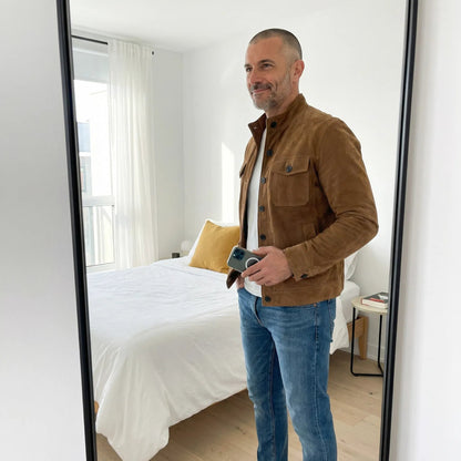 Men's suede jacket featuring military accents and two pockets. 7