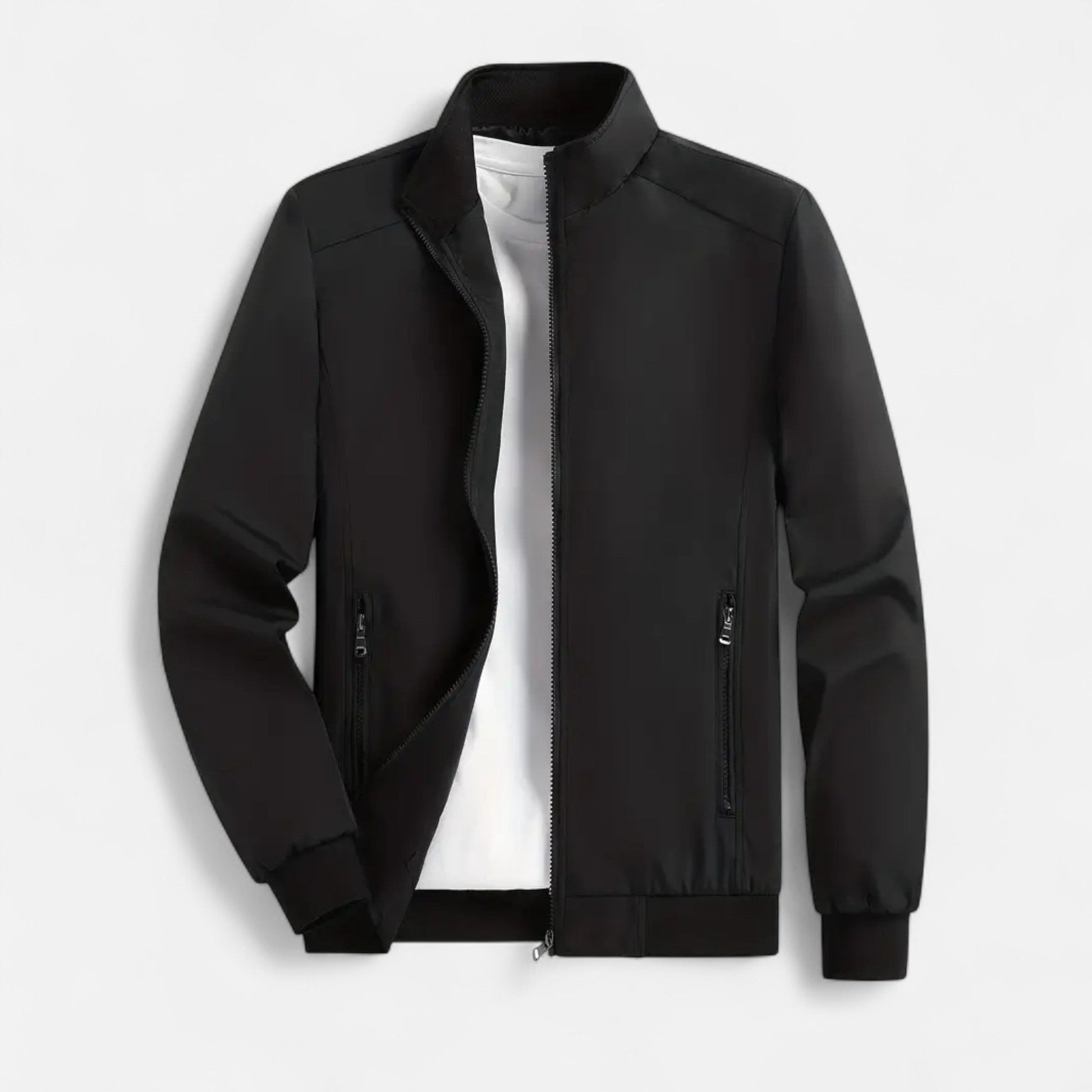 Men's lightweight jacket featuring a high collar and a zip closure. 0