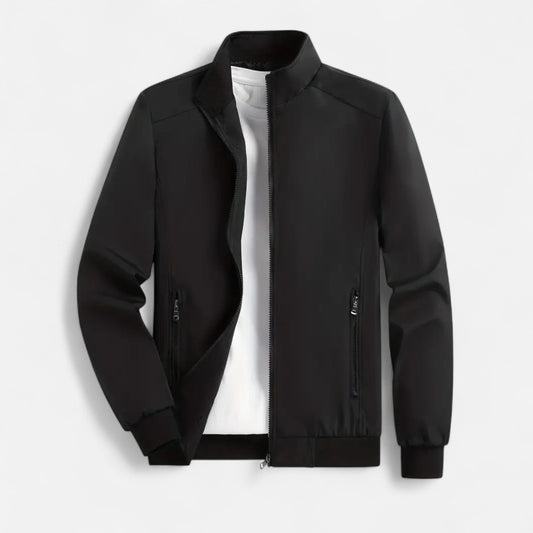 Men's lightweight jacket featuring a high collar and a zip closure. 0