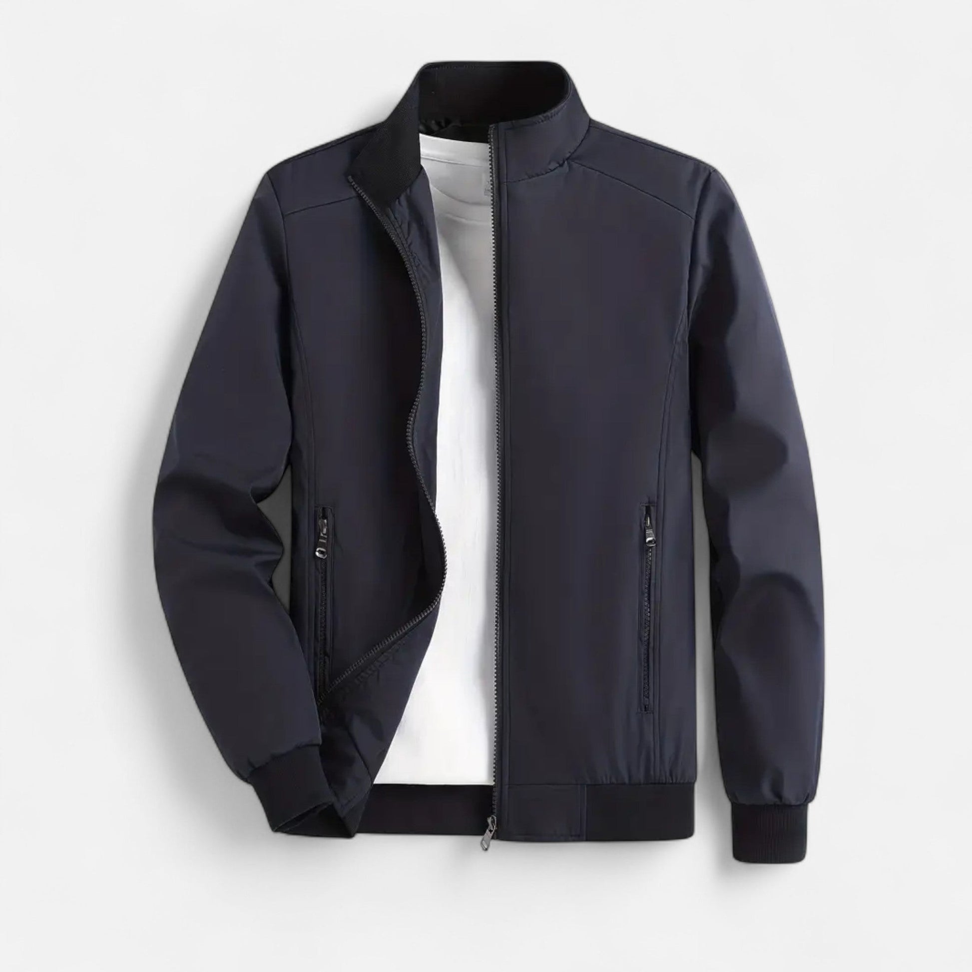 Men's lightweight jacket featuring a high collar and a zip closure. 7