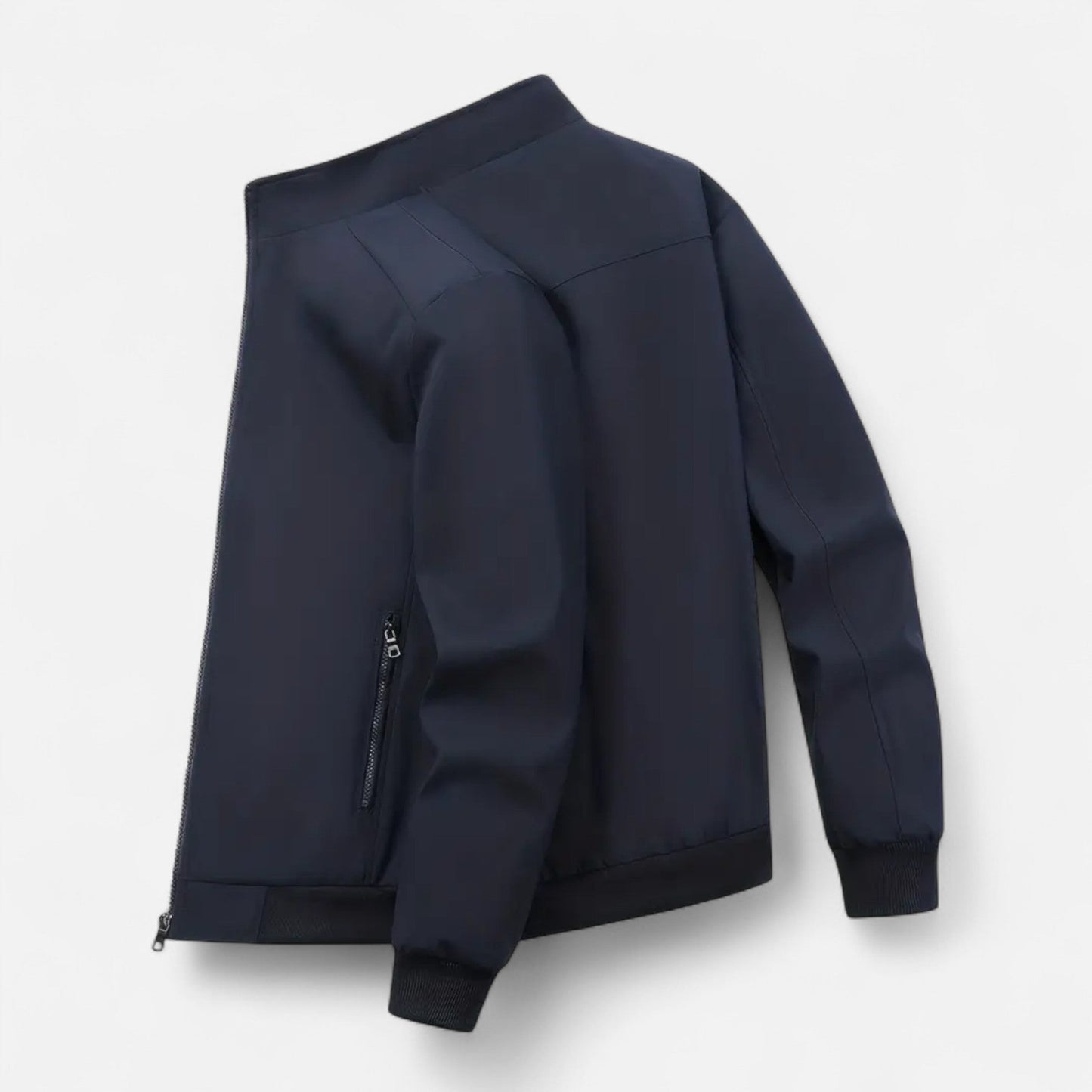 Men's lightweight jacket featuring a high collar and a zip closure. 8