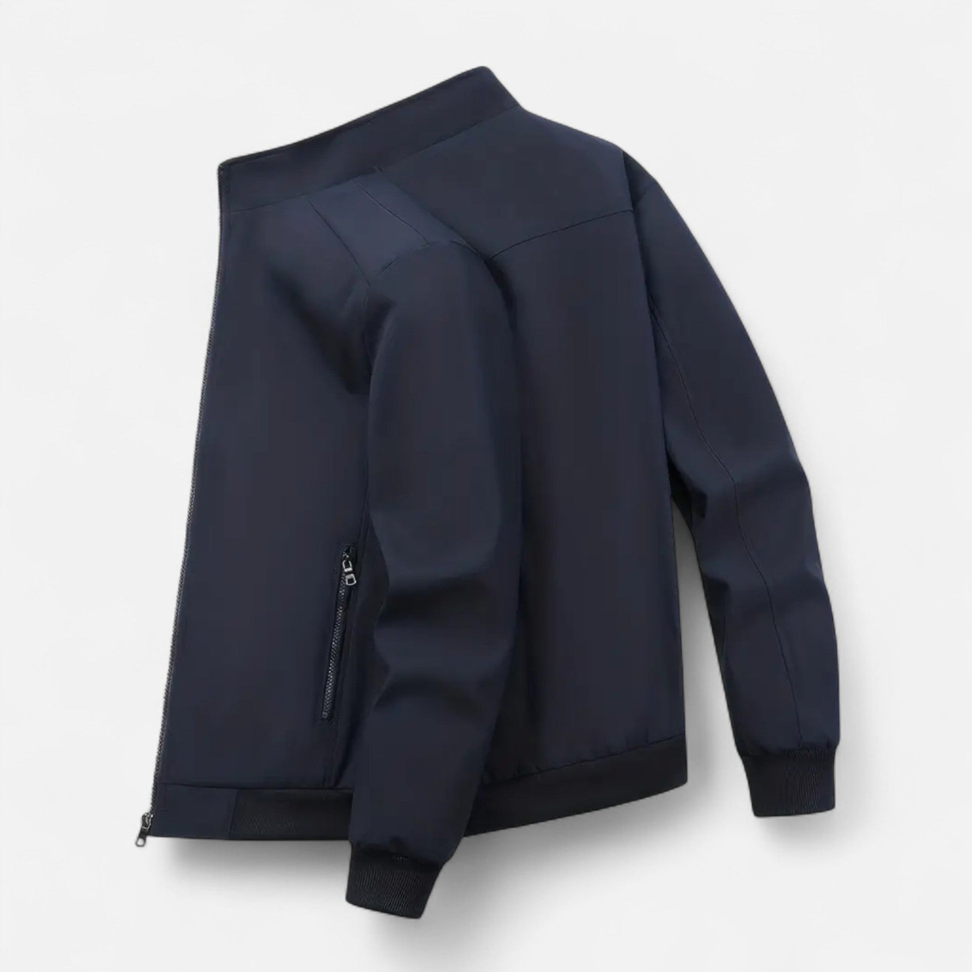 Men's lightweight jacket featuring a high collar and a zip closure. 8