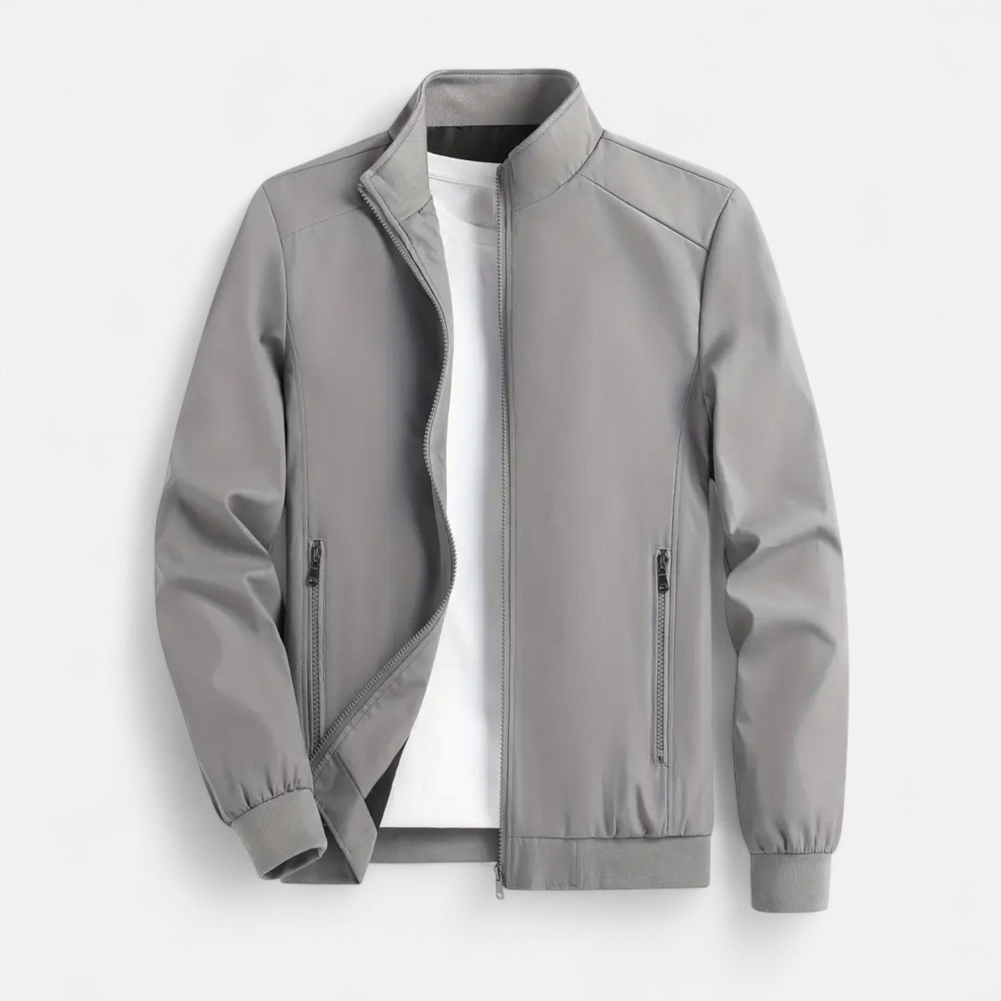 Men's lightweight jacket featuring a high collar and a zip closure. 9