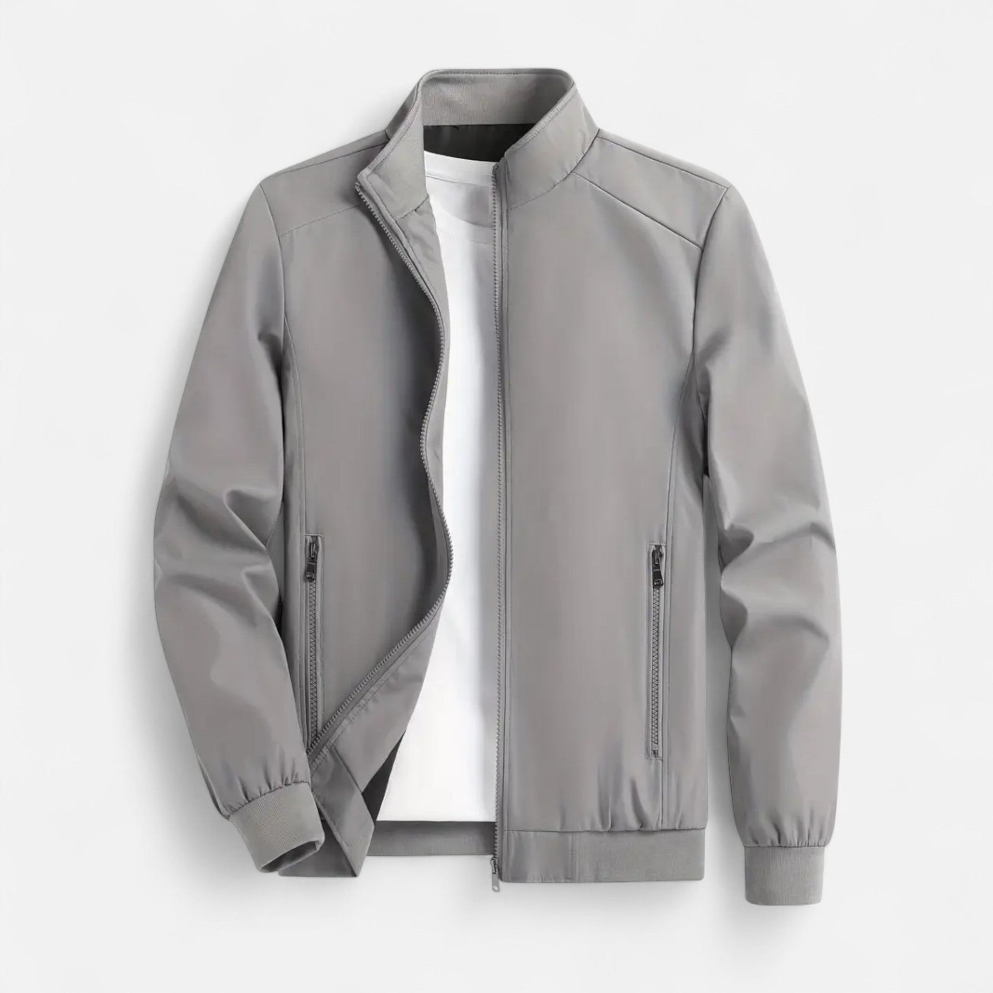 Men's lightweight jacket featuring a high collar and a zip closure. 9