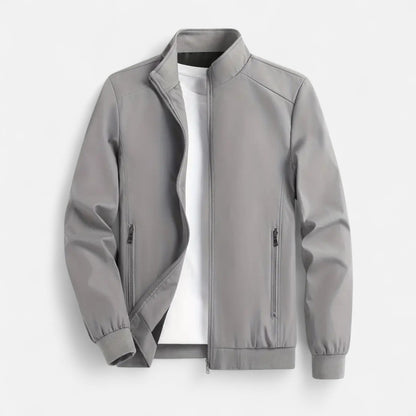 Men's lightweight jacket featuring a high collar and a zip closure. 9