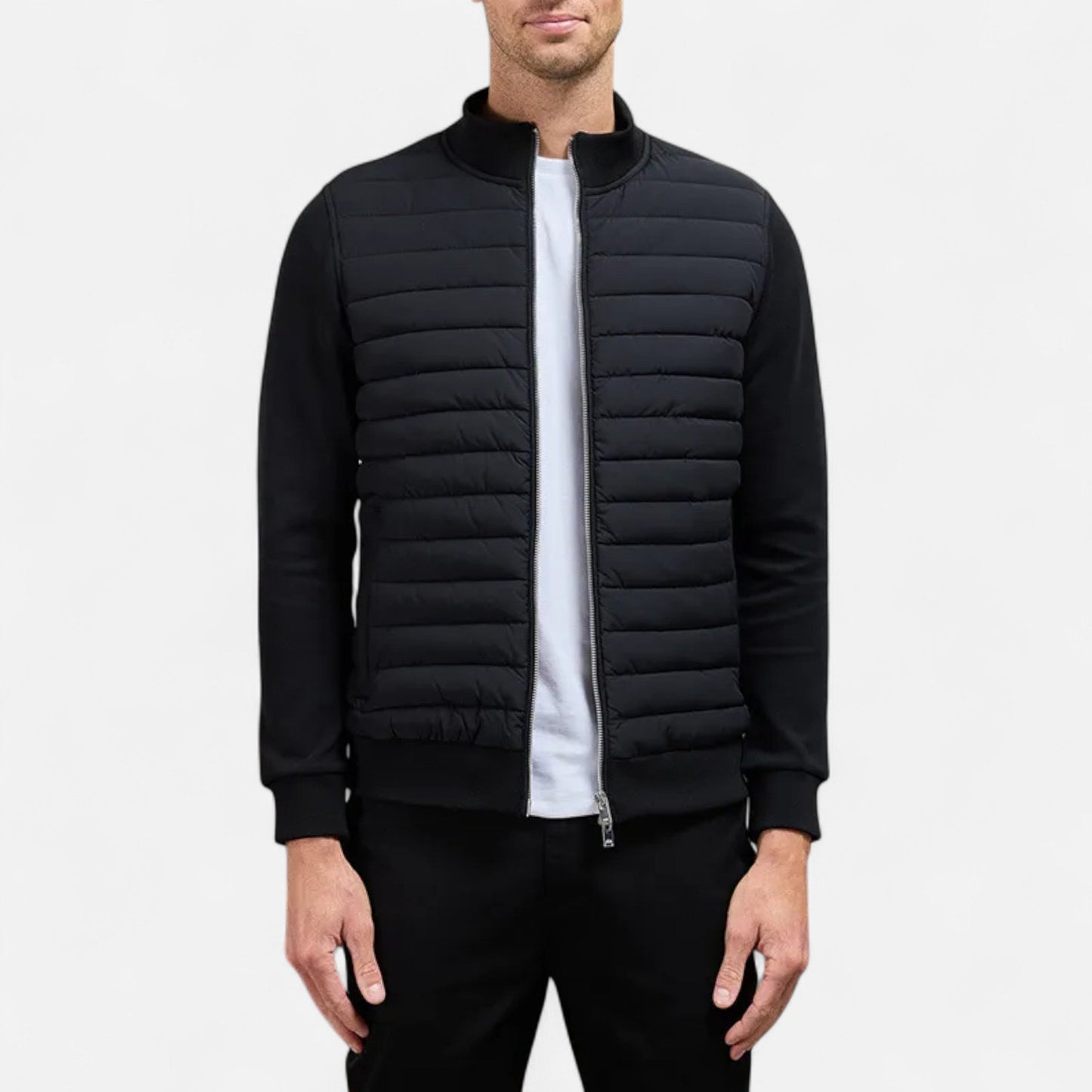 Men's lightweight winter jacket featuring a high collar. The jacket is designed for cold weather, showcasing a streamlined fit and practical zip-up front. 0