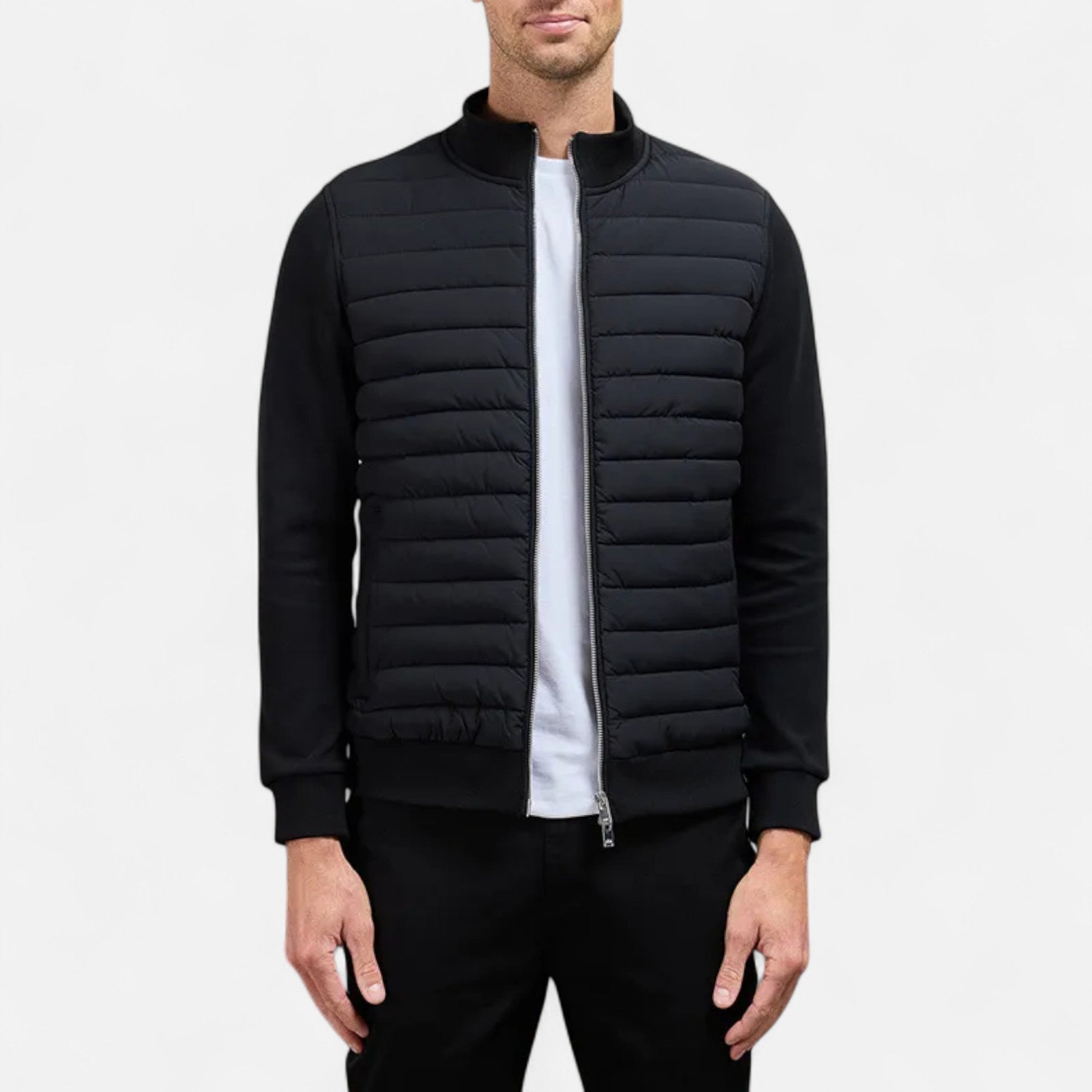 Men's lightweight winter jacket featuring a high collar. The jacket is designed for cold weather, showcasing a streamlined fit and practical zip-up front. 0