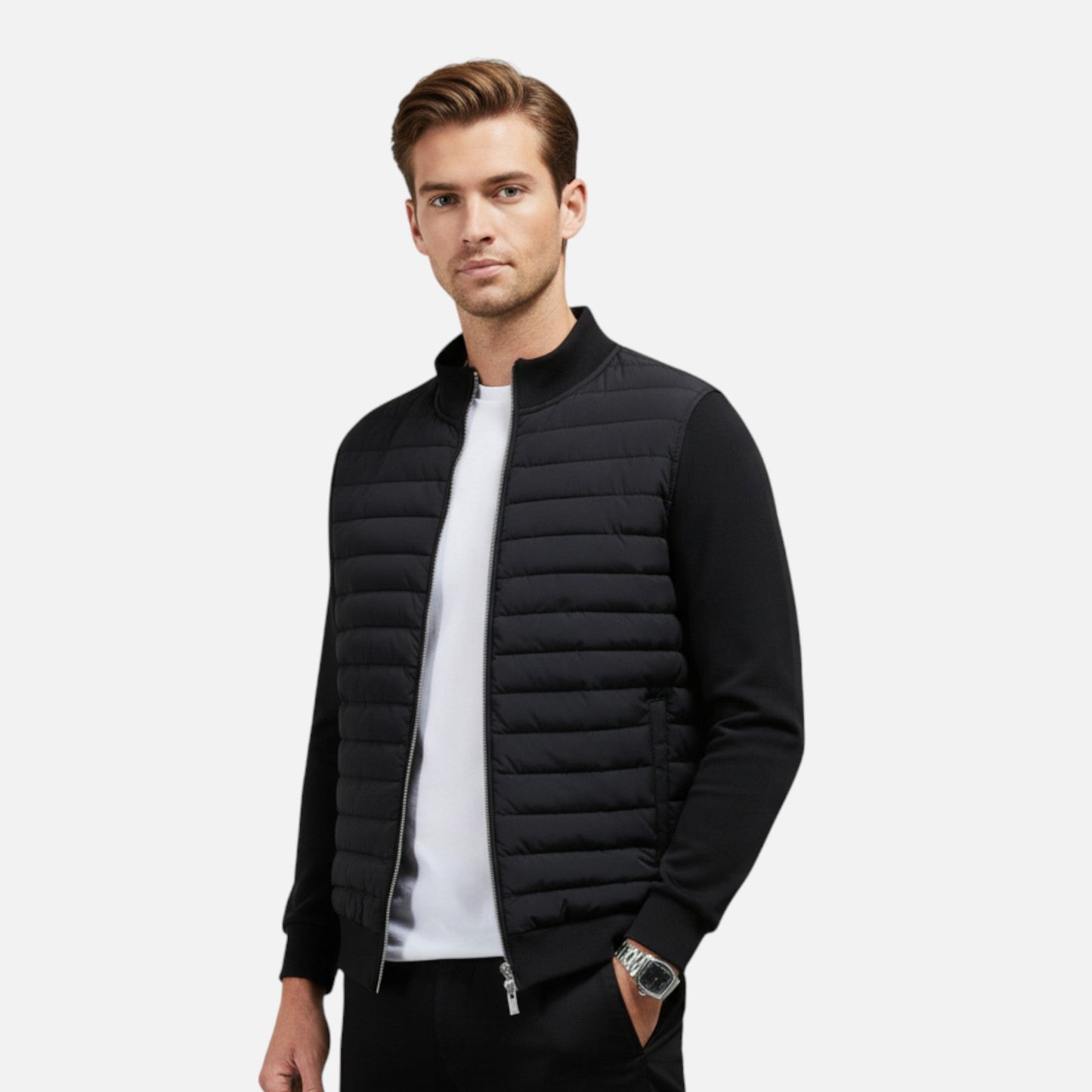 Men's lightweight winter jacket featuring a high collar. The jacket is designed for cold weather, showcasing a streamlined fit and practical zip-up front. 1