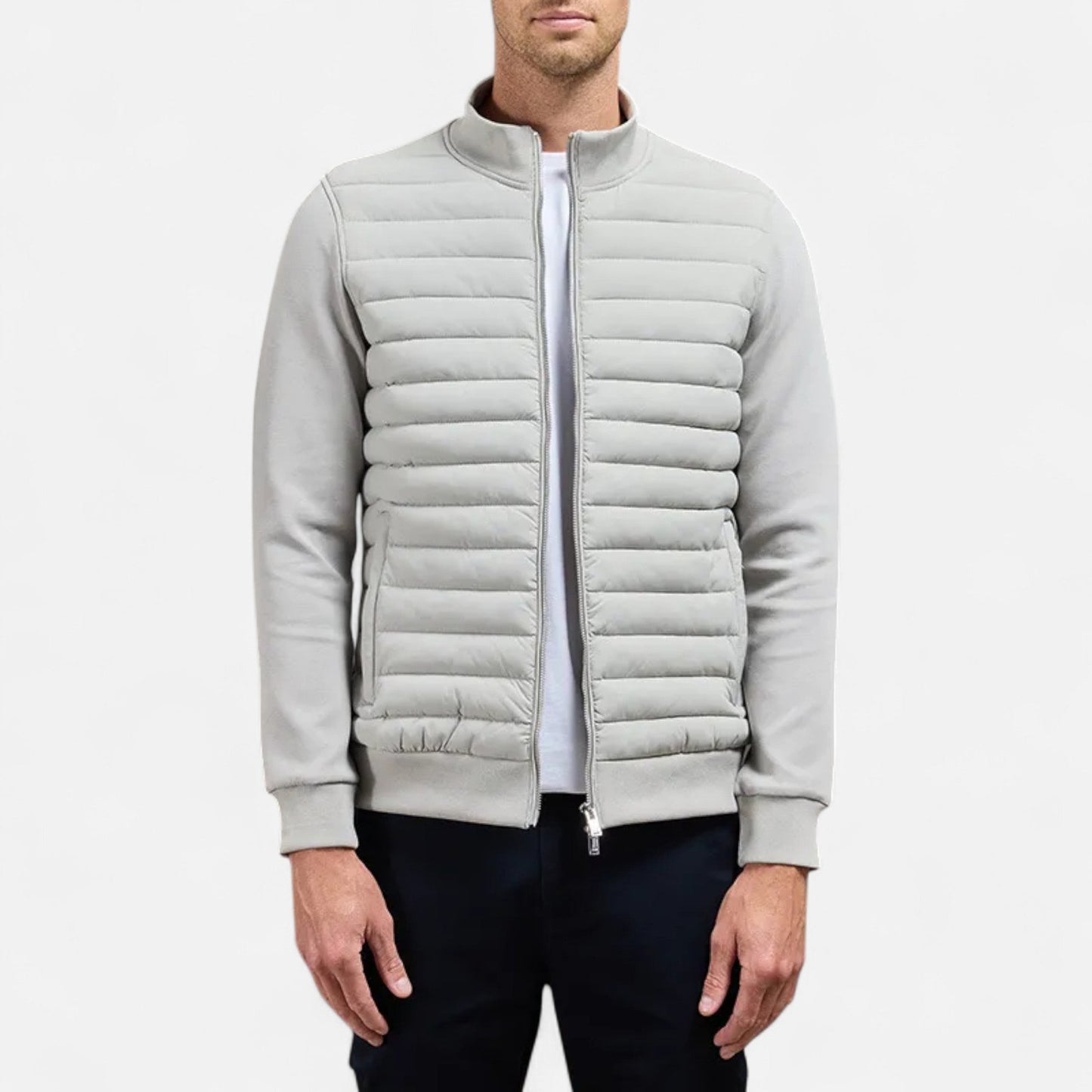 Men's lightweight winter jacket featuring a high collar. The jacket is designed for cold weather, showcasing a streamlined fit and practical zip-up front. 4