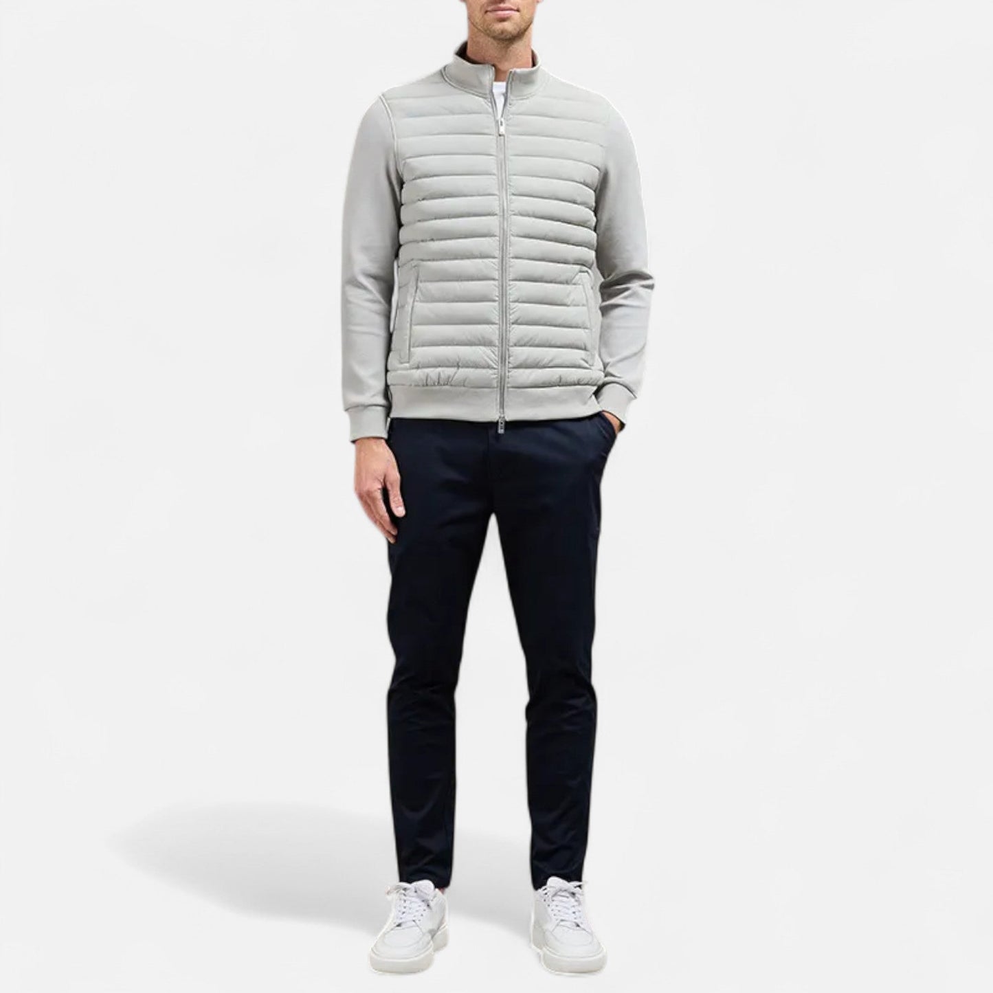 Men's lightweight winter jacket featuring a high collar. The jacket is designed for cold weather, showcasing a streamlined fit and practical zip-up front. 5