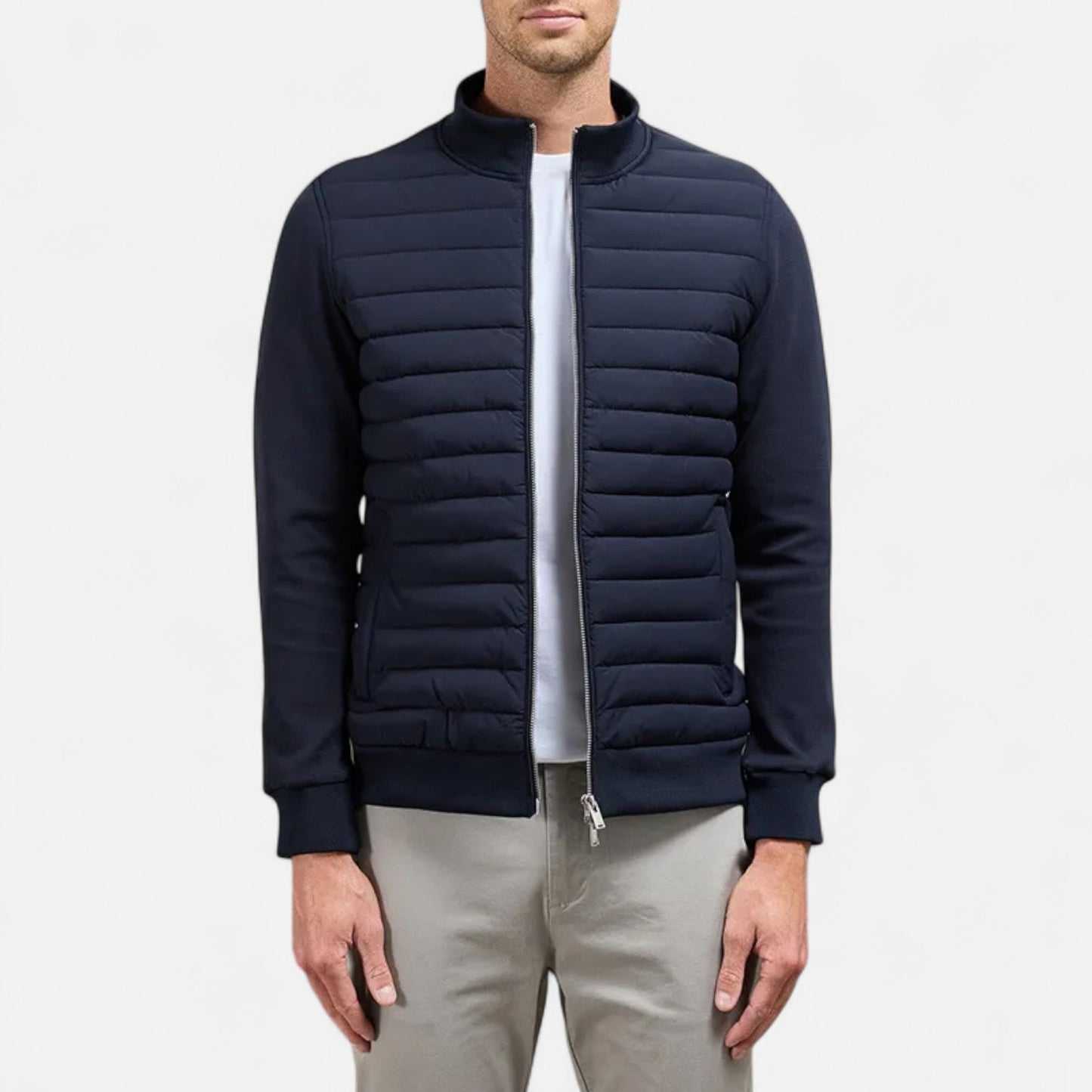 Men's lightweight winter jacket featuring a high collar. The jacket is designed for cold weather, showcasing a streamlined fit and practical zip-up front. 6