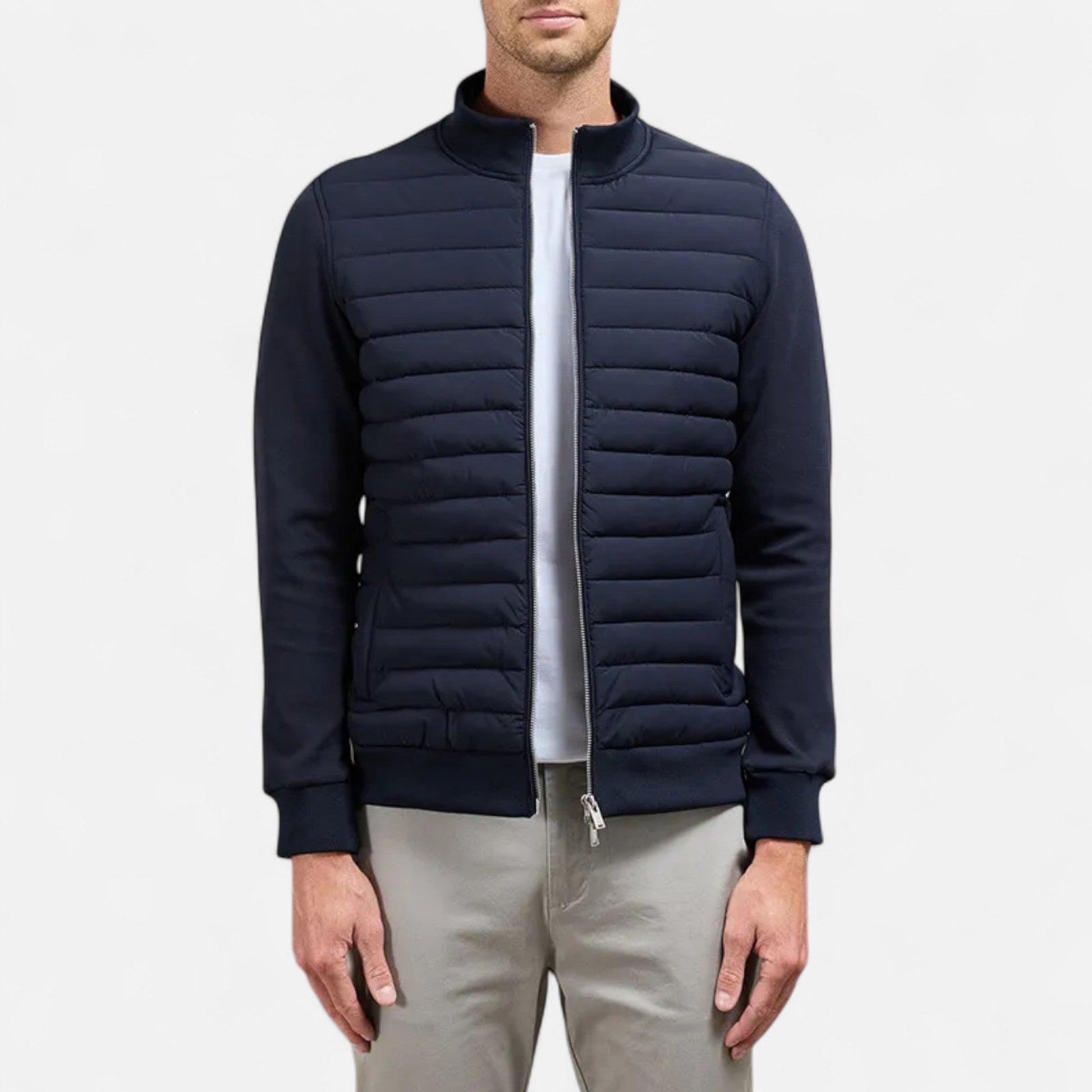 Men's lightweight winter jacket featuring a high collar. The jacket is designed for cold weather, showcasing a streamlined fit and practical zip-up front. 6