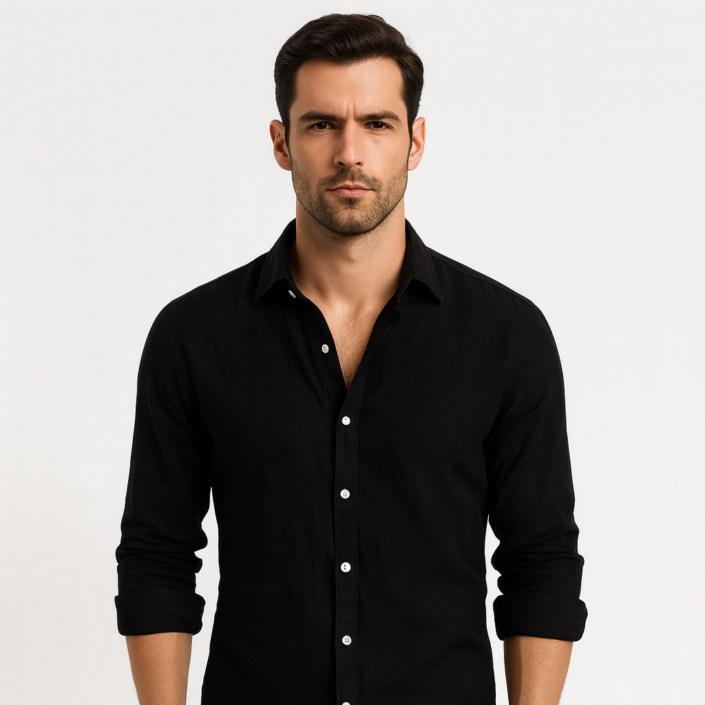 Men's short-sleeve linen shirt in a casual style, featuring a relaxed fit, a button-down front, and a classic collar. The shirt 7