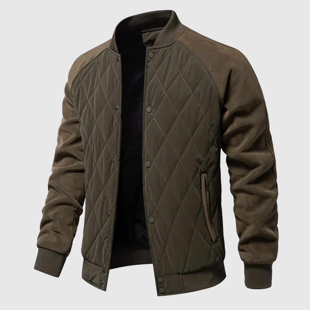 Men's quilted bomber jacket featuring elastic cuffs and a sporty design. 0