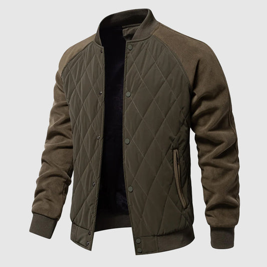 Men's quilted bomber jacket featuring elastic cuffs and a sporty design. 0