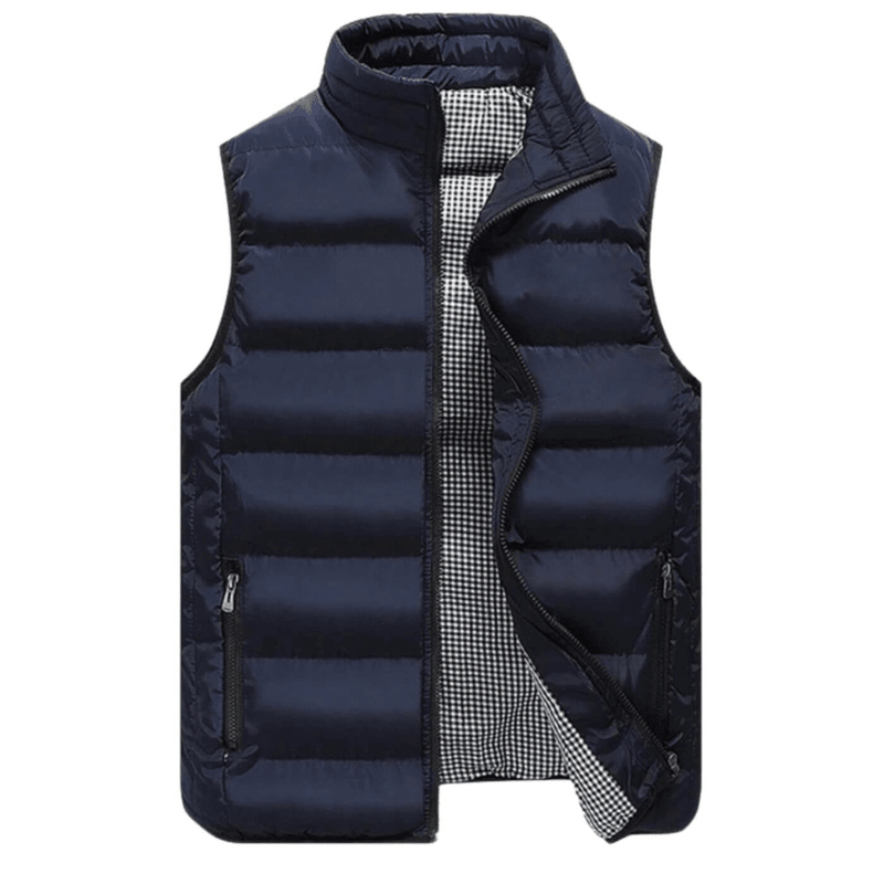 Men's quilted sleeveless vest with a modern cut, featuring a front zipper and side pockets. The vest is displayed on a neutral background, showcasing 0