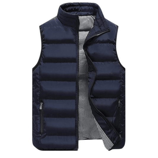 Men's quilted sleeveless vest with a modern cut, featuring a front zipper and side pockets. The vest is displayed on a neutral background, showcasing 0
