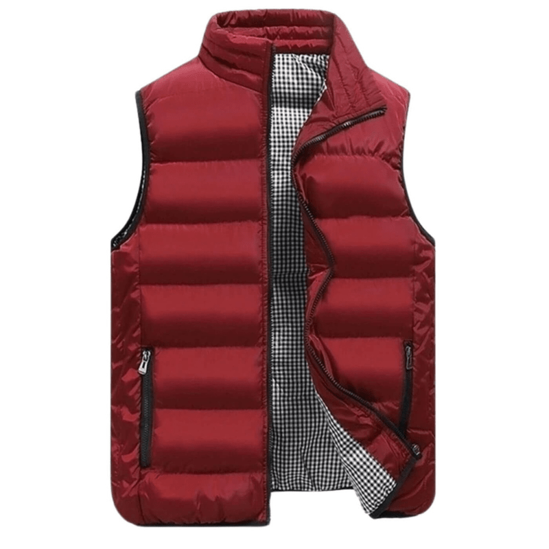 Men's quilted sleeveless vest with a modern cut, featuring a front zipper and side pockets. The vest is displayed on a neutral background, showcasing 1