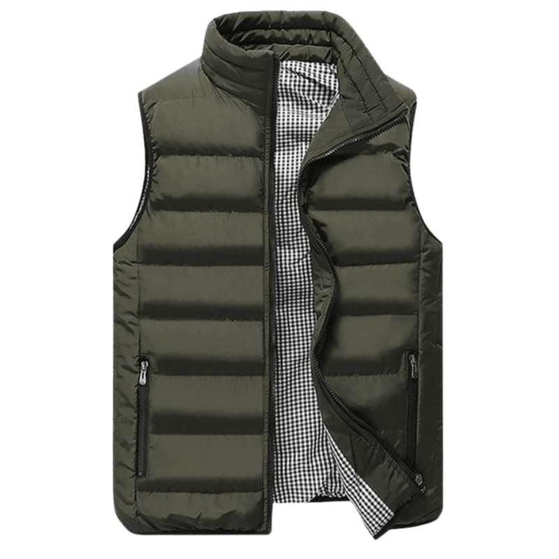 Men's quilted sleeveless vest with a modern cut, featuring a front zipper and side pockets. The vest is displayed on a neutral background, showcasing 2