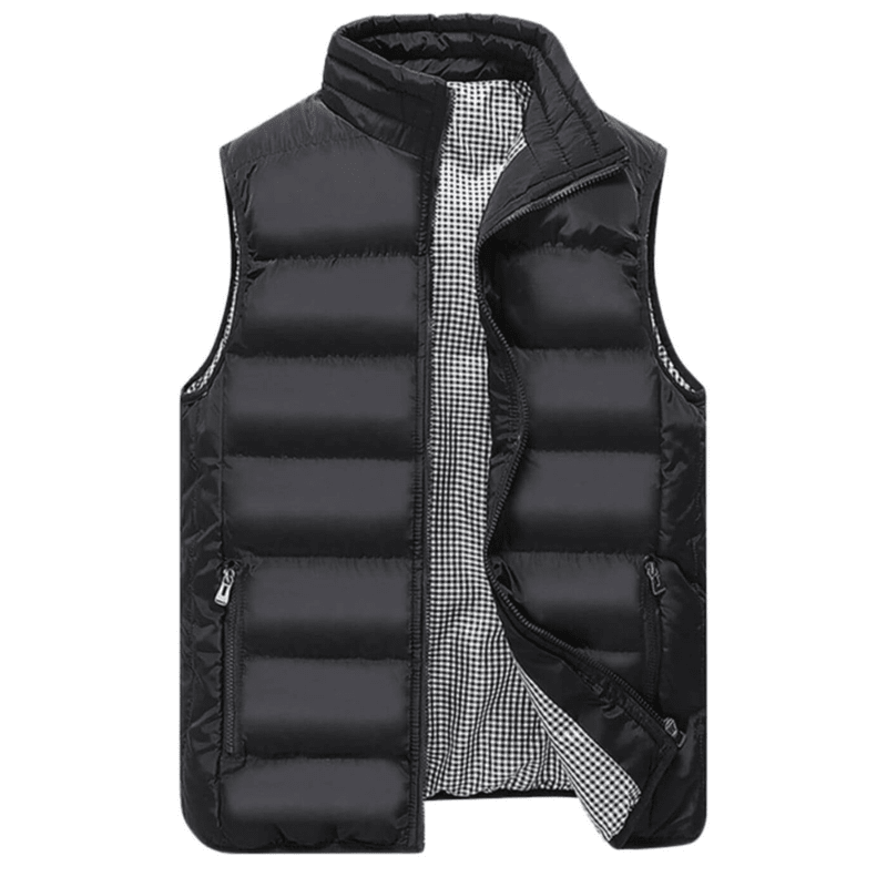 Men's quilted sleeveless vest with a modern cut, featuring a front zipper and side pockets. The vest is displayed on a neutral background, showcasing 3